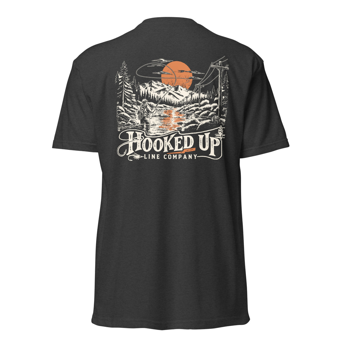 Cast Your Cares t-shirt in Charcoal, back view