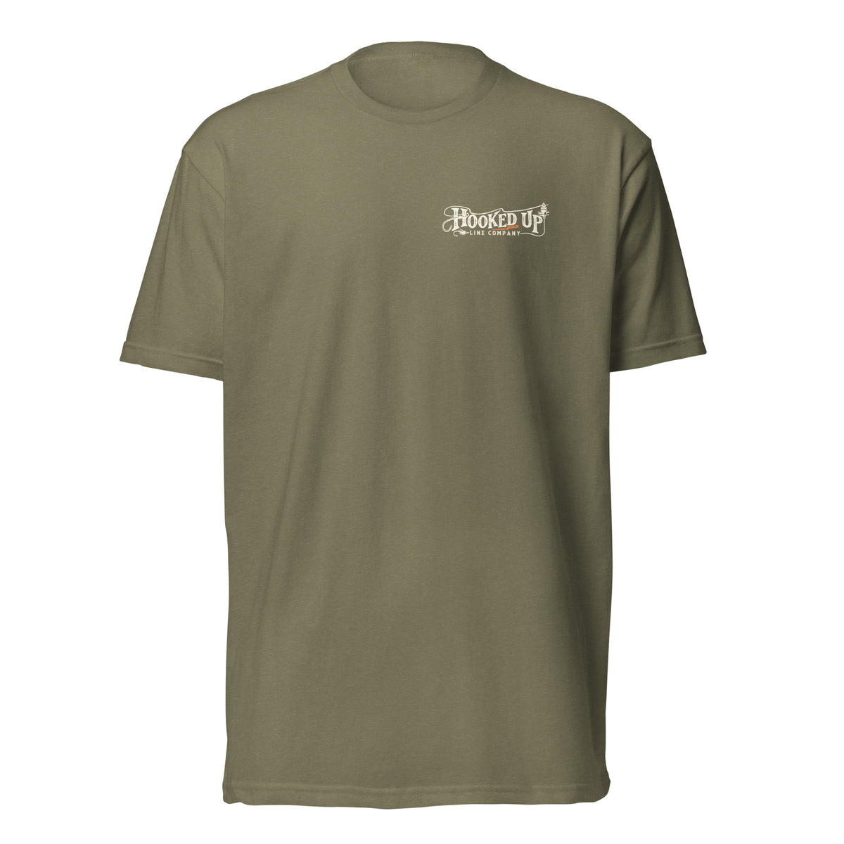 Cast Your Cares t-shirt in Military Green, front view
