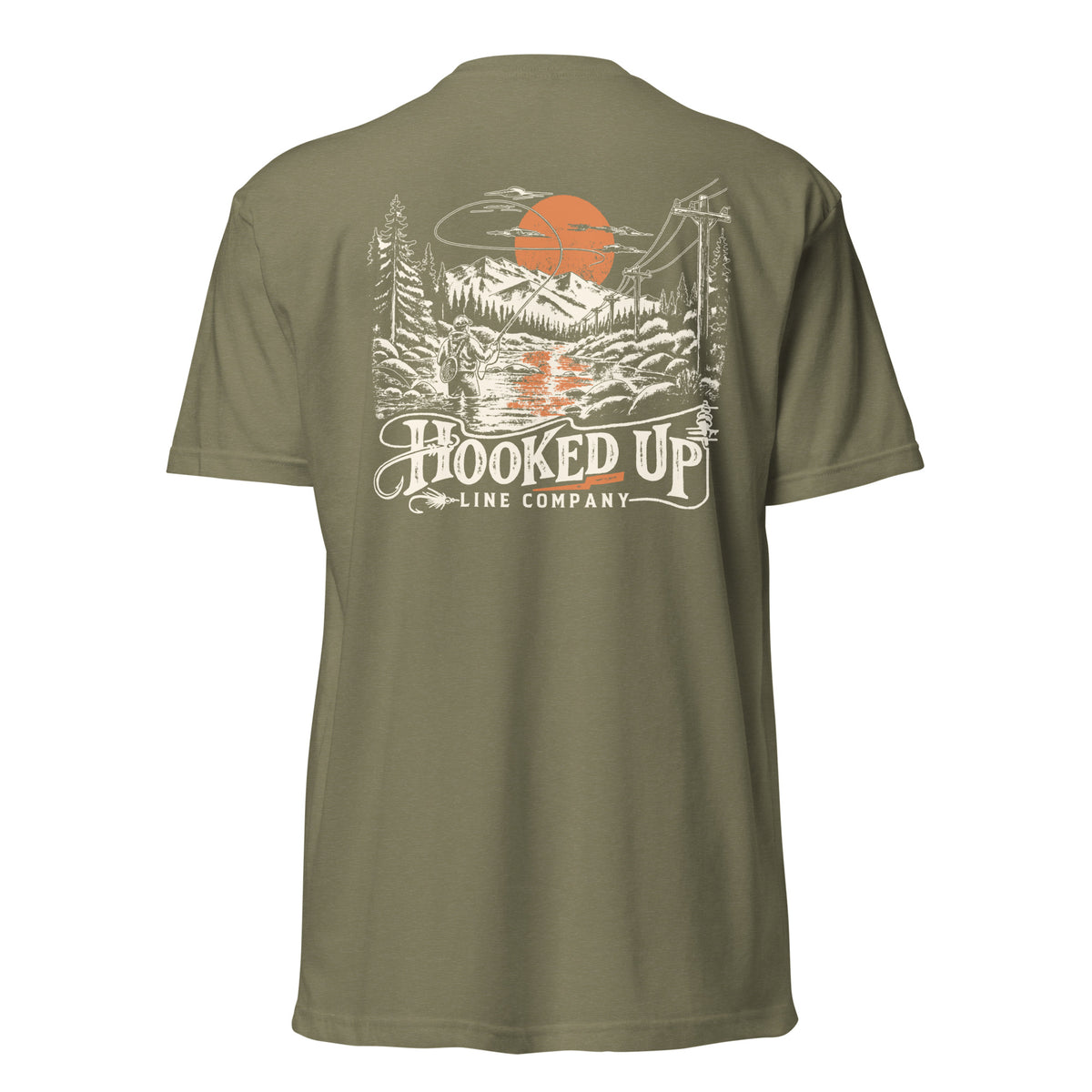 Cast Your Cares t-shirt in Military Green, back view