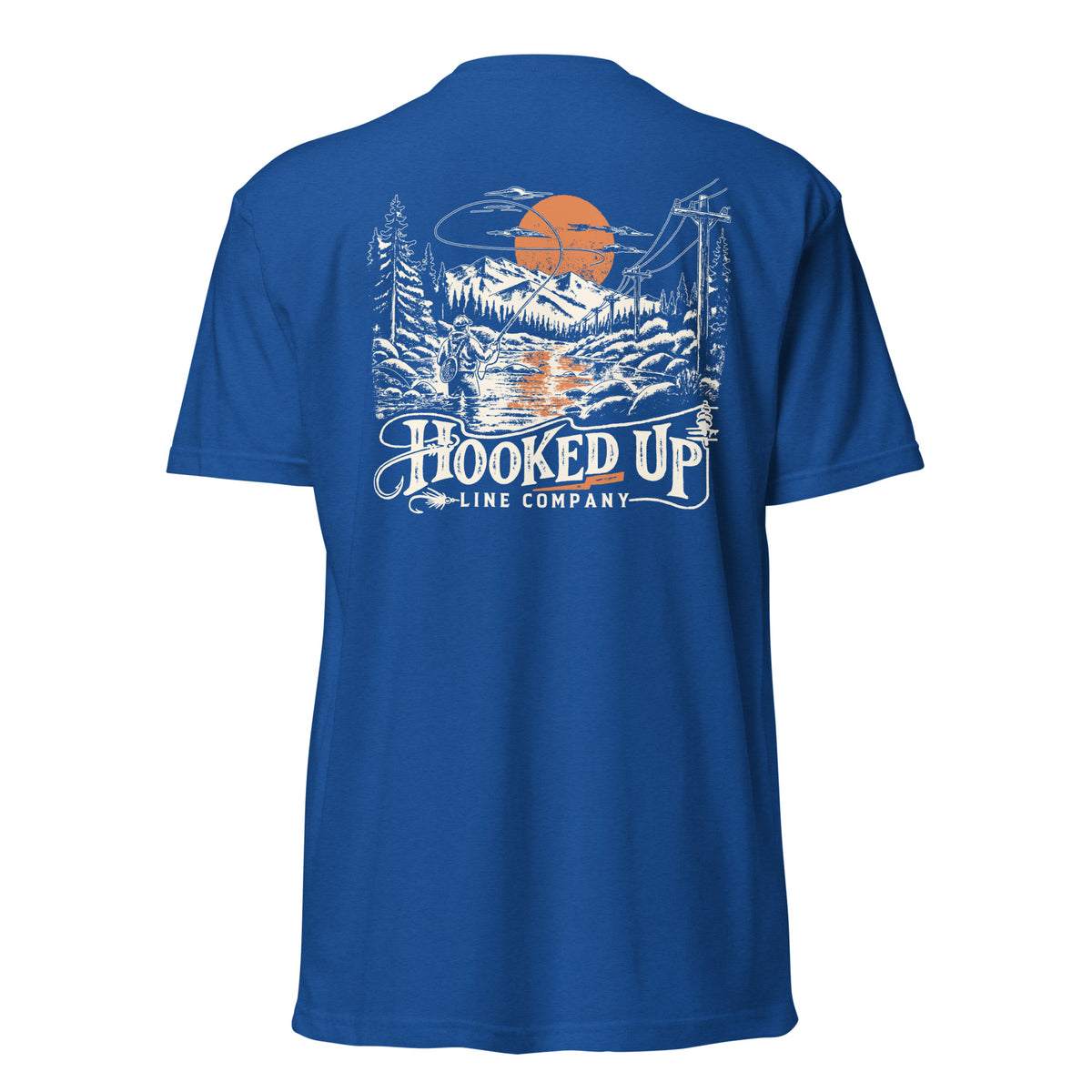 Cast Your Cares t-shirt in Royal, back view